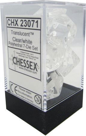 CHX23071 TRANSLUCENT CLEAR/WHITE 7PC POLY DICE image 0